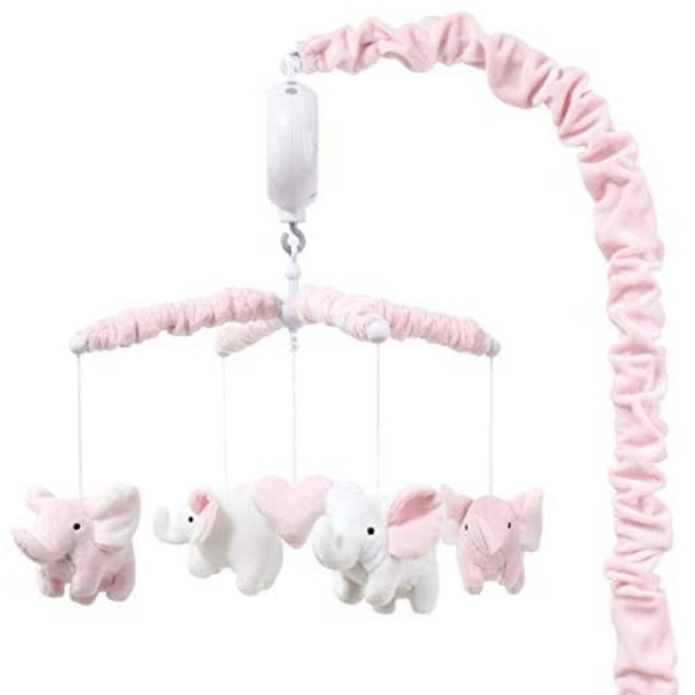 The Peanutshell Pink Elephant Musical Crib Mobile for Baby Girls, 12 lul…